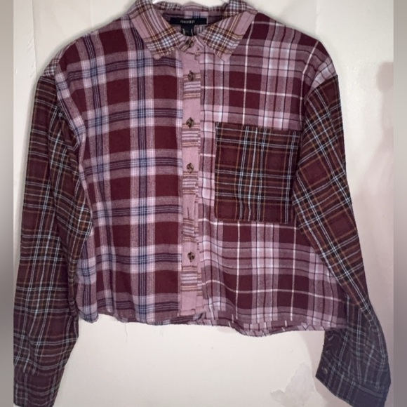 Forever 21 Tops - Forever 21 Women’s Burgundy Plaid Patchwork Cropped Long Sleeve Shirt